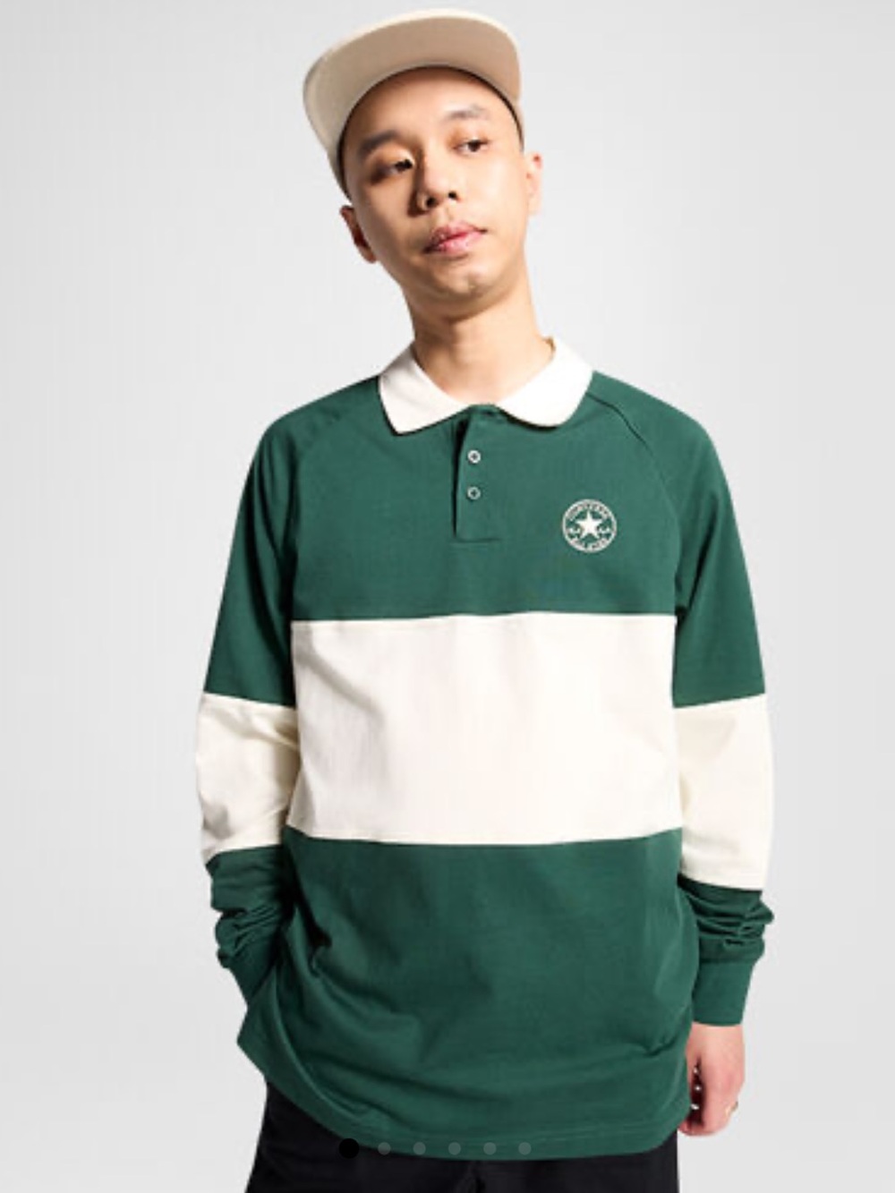 Converse Green and White Long-Sleeve Rugby Polo